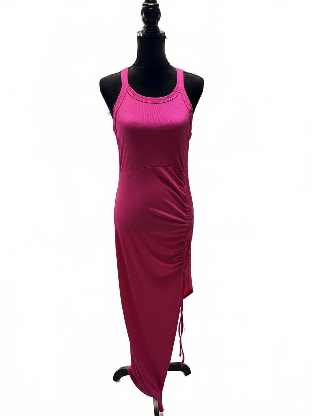 SHEIN Pink Ruched Bodycon Midi Dress Sleeveless Side Slit Sexy Party XL Hot Pink